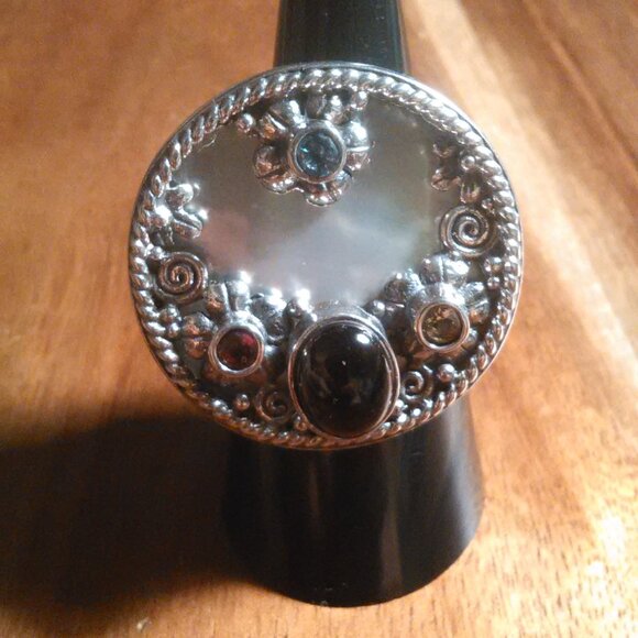 Shungite Multi Gemstone Mother of Pearl Sterling Silver Cocktail Ring (Size 7) - Picture 15 of 16
